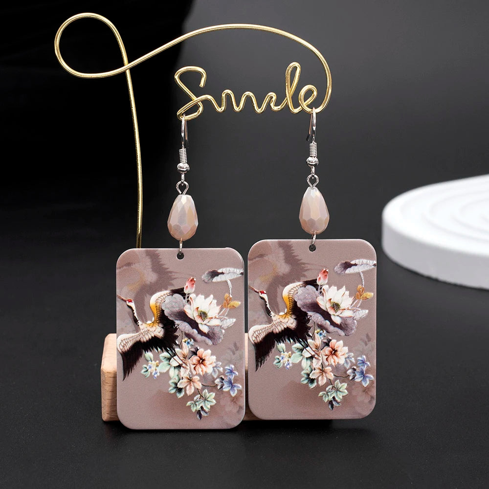 New Fashion Chinese Style 3D Print Crane Flower Earrings For Women Aesthetic Elegant Vintage Acrylic Jewelry Party Accessories