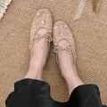 Mesh Rhinestone Bow Flat Mary Jane Shoes for Women Ballet Flats