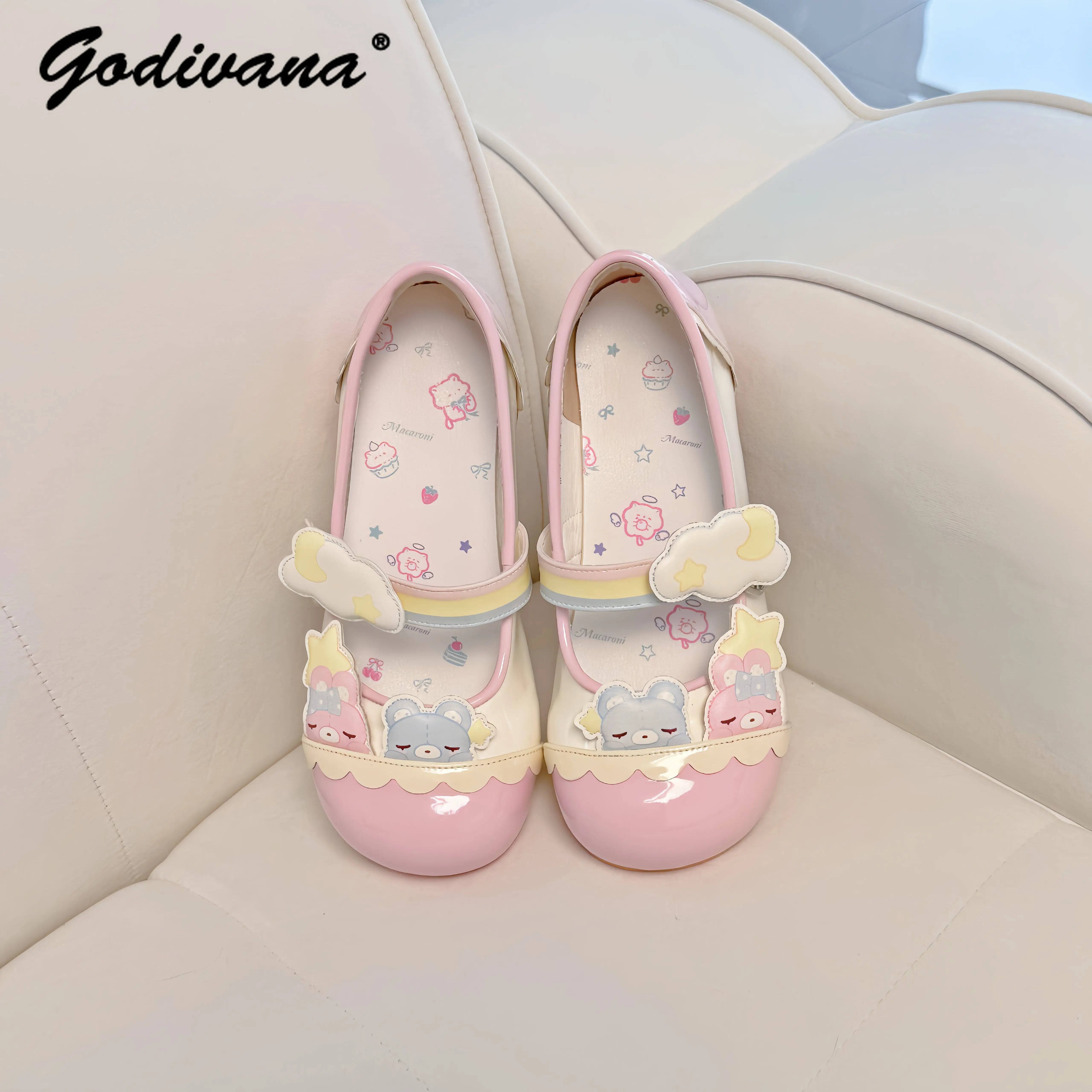 Original New Student Girls Color Block Sweet Cute Lolita Low Heel Single Shoes Women's Casual Kawaii Flat Indoor Shoes