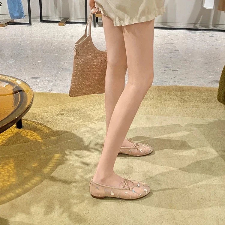 Mesh Rhinestone Bow Flat Mary Jane Shoes for Women Ballet Flats