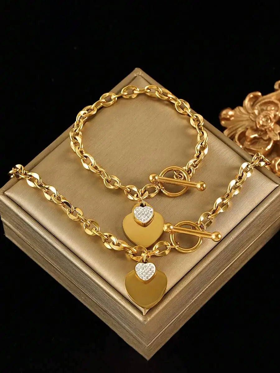 Gold-Tone Stainless Steel Heart Pendant Necklace With Toggle Clasp And Matching Charm, Water Resistant Jewelry Set For Gifting