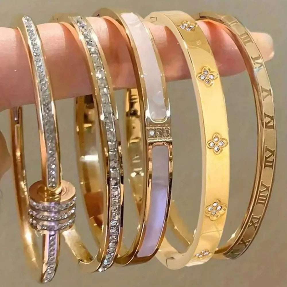 5/1pcs Sparkling Zirconia Inlaid Stainless Steel Bracelet Set for Women Stackable Bangles Fashion Non Fading Jewelry Gift