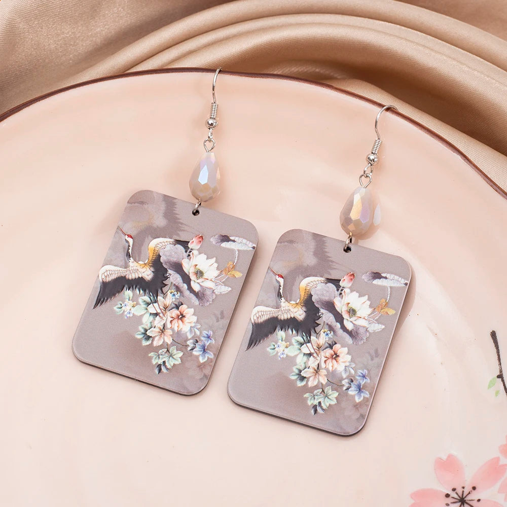 New Fashion Chinese Style 3D Print Crane Flower Earrings For Women Aesthetic Elegant Vintage Acrylic Jewelry Party Accessories