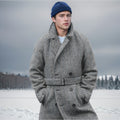 Fall Winter Men Mid-length Woolen Plaid Double Breasted Cotton Padded