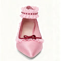 Soft Playful Style Blush Satin Pointed Toe Heels Ruffled Trim Red Gemstone Detail Sweet Elegant Ankle Strap Low Heels Shoes
