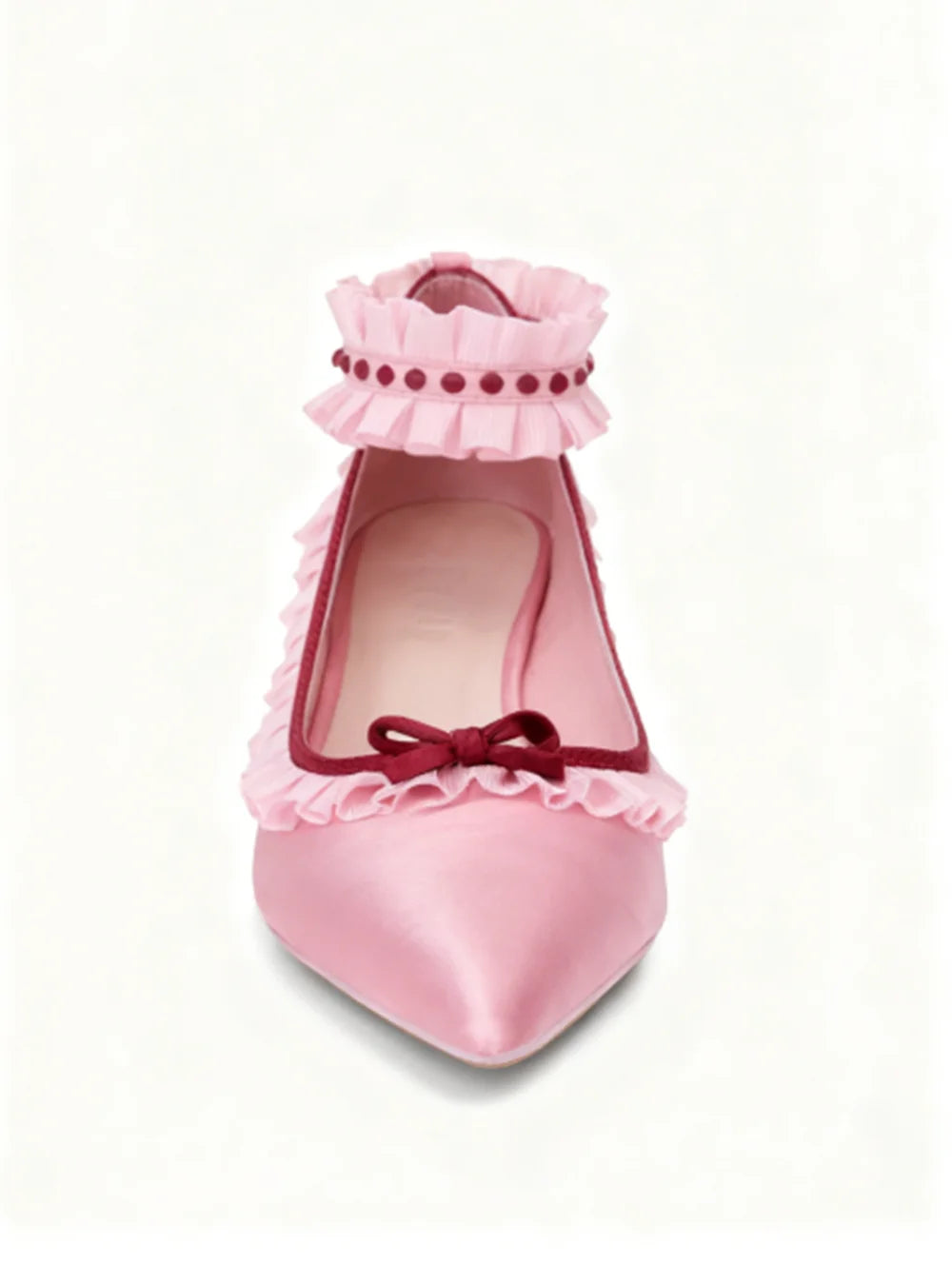 Soft Playful Style Blush Satin Pointed Toe Heels Ruffled Trim Red Gemstone Detail Sweet Elegant Ankle Strap Low Heels Shoes