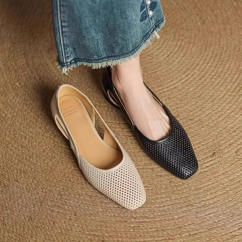 Spring Summer Women's Breathable Square Toe Low Heel Slip On Flats - French Vintage Soft Sole Casual Commuter Office Shoes