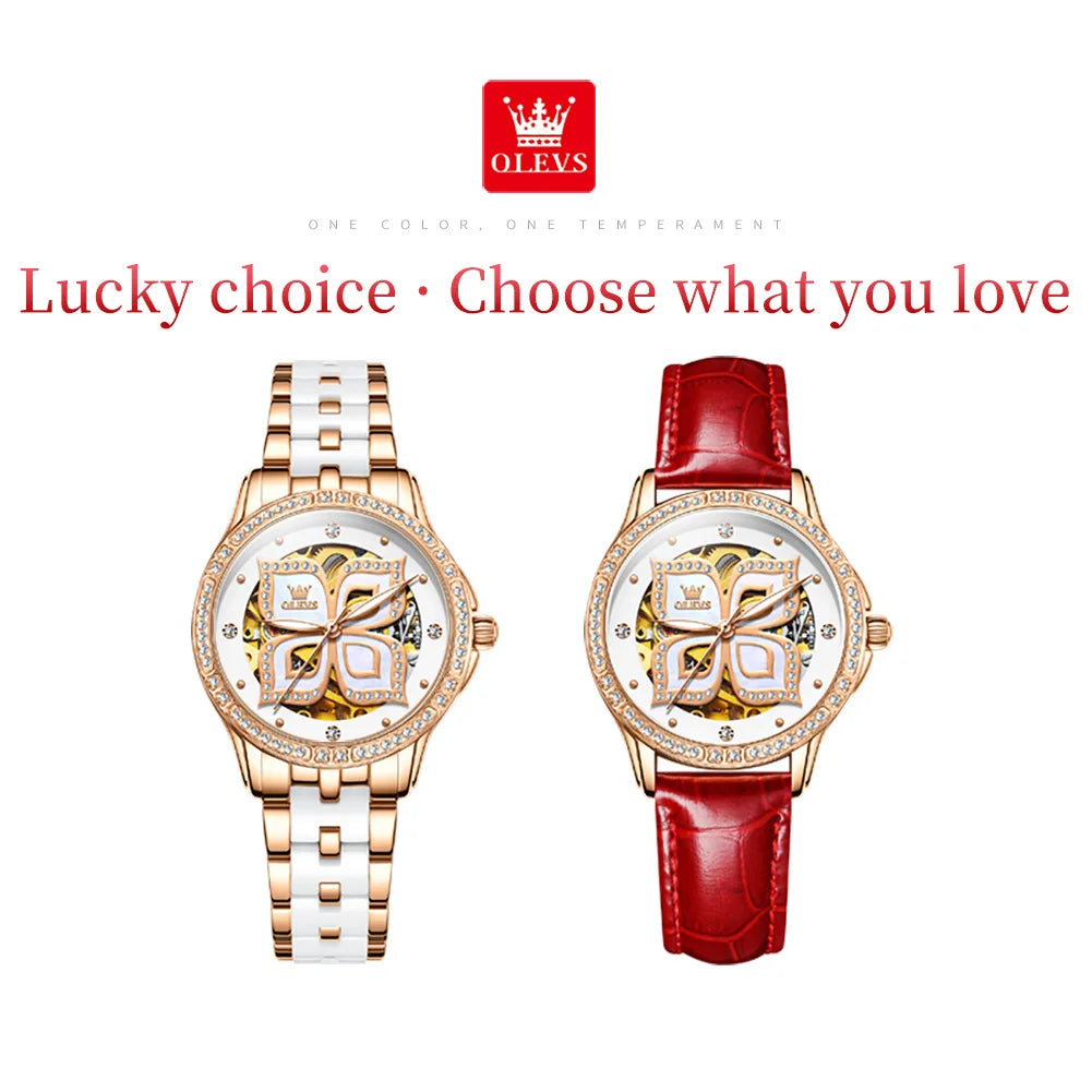 OLEVS Elegant Fashion Women's Watches Lucky Four-Leaf Clover Dial Original Brand Automatic Mechanical Wristwatch Ceramics Strap