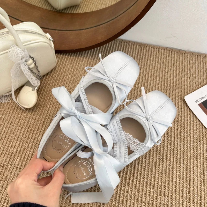 New Spring Comfortable Lace-up Ballet Square Toe Low-Cut Flats Classic Solid Color Women's Casual Shoes 2026 Elegant Dress Flats