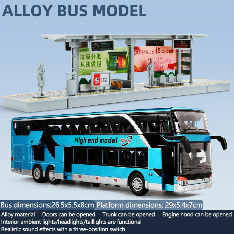 Alloy Bus Model with Lights & Sounds, Openable Doors/Trunk/Engine Hood, Realistic Engine Sounds with 3-Switch,8 Action Figures