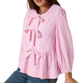 Pink Stripe Bowknot Front Crew Neck Puff Sleeve Blouse