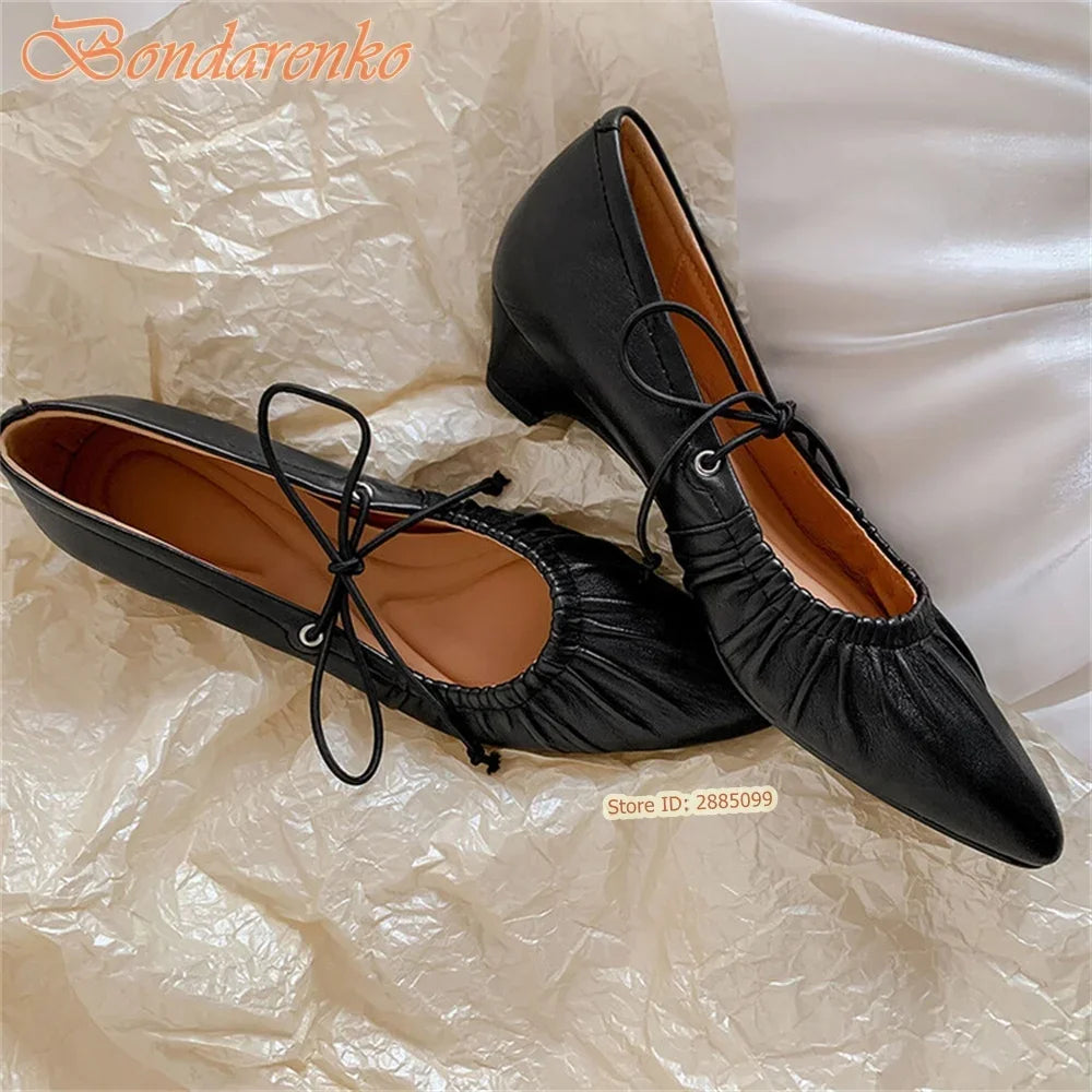 Retro Pleated Pumps Women Sexy Shoes Lace Up Solid Pointy Toe Chunky Med Heels New Style Pumps Summer Casual Shoes Designer