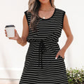 Stripe Drawstring Waist Pocketed Mini Dress