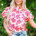 Beige Floral Puff Sleeve Frilled Neckline Blouse