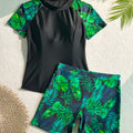Women's Tankini Swimsuit Set, Two-Piece Swimsuit, Short-Sleeved Beach Vacation Conservative Slim-Fit Tropical Plant Print Boxer Shorts Sporty Fashion Swimwear