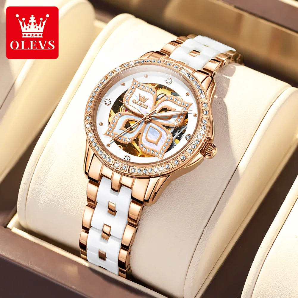 OLEVS Elegant Fashion Women's Watches Lucky Four-Leaf Clover Dial Original Brand Automatic Mechanical Wristwatch Ceramics Strap