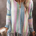 Purple Color Block Fringed Drop Shoulder Tunic Sweater