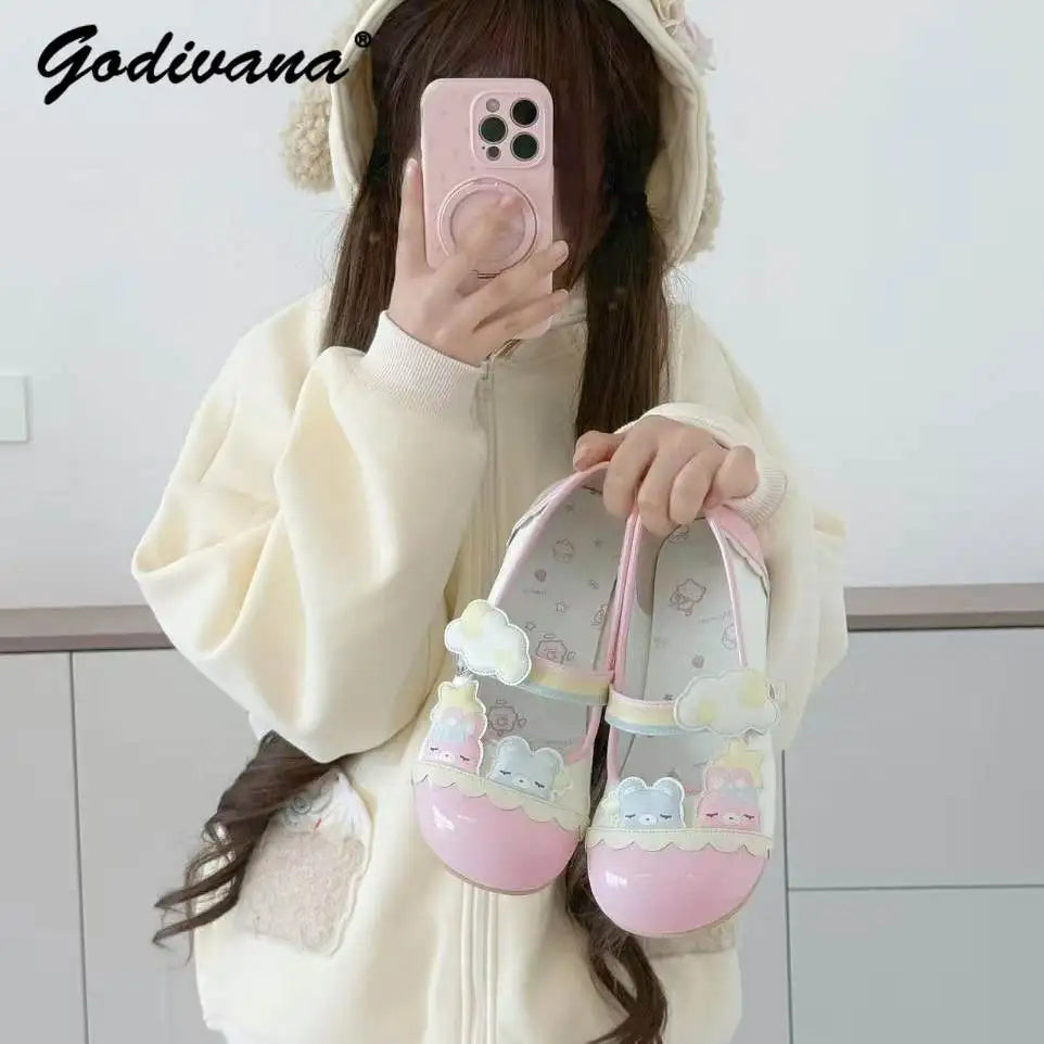 Original New Student Girls Color Block Sweet Cute Lolita Low Heel Single Shoes Women's Casual Kawaii Flat Indoor Shoes