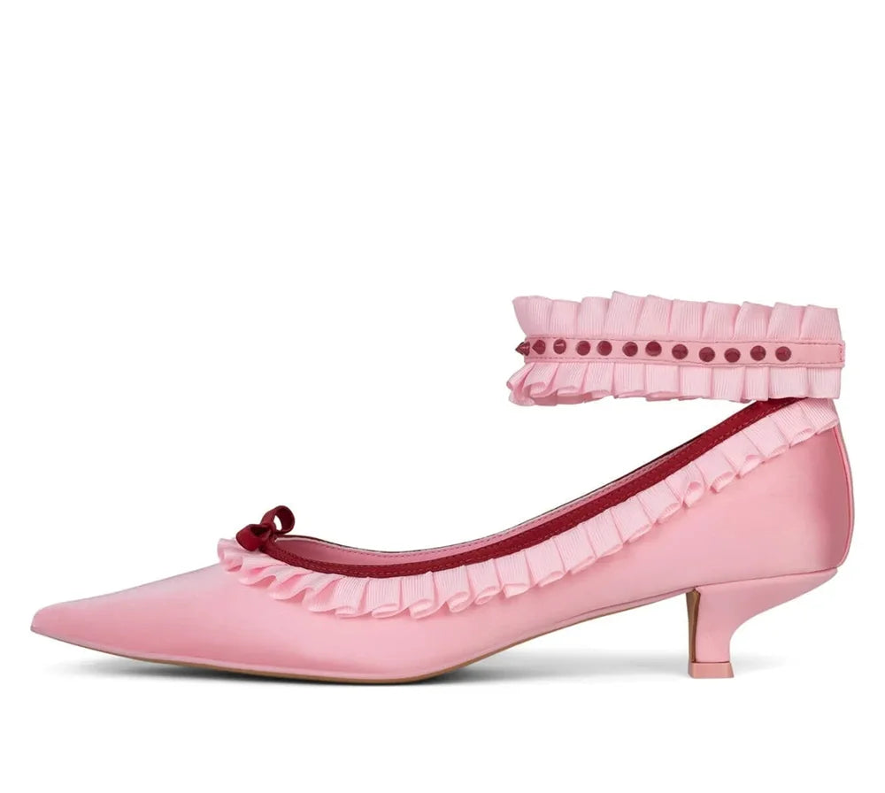 Soft Playful Style Blush Satin Pointed Toe Heels Ruffled Trim Red Gemstone Detail Sweet Elegant Ankle Strap Low Heels Shoes
