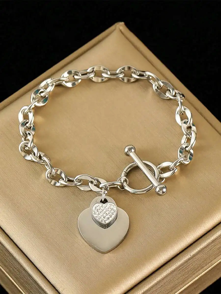 Gold-Tone Stainless Steel Heart Pendant Necklace With Toggle Clasp And Matching Charm, Water Resistant Jewelry Set For Gifting