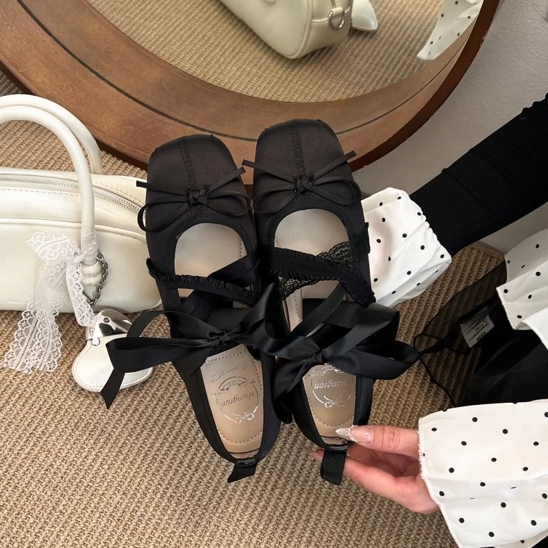 New Spring Comfortable Lace-up Ballet Square Toe Low-Cut Flats Classic Solid Color Women's Casual Shoes 2026 Elegant Dress Flats