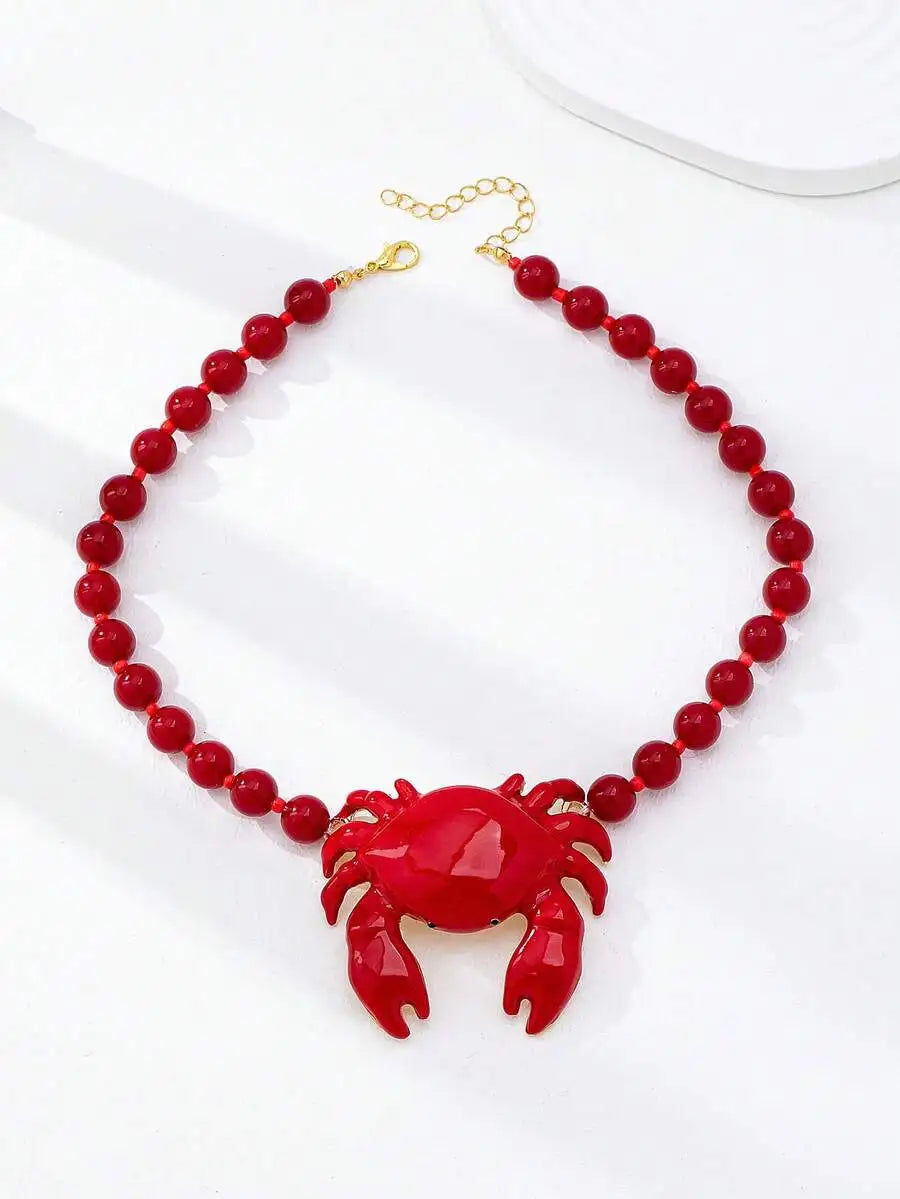 Red Beaded Crab And Fish Pendant Necklace Bold Ocean Style Statement Jewelry For Women