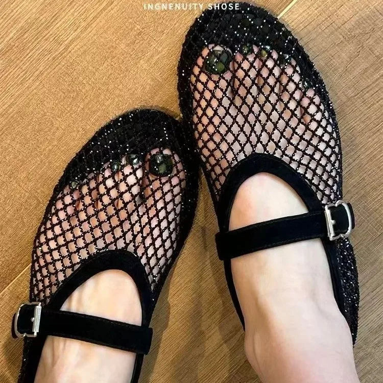 Hollow Rhinestone Baotou Sandals Women 2026 New Fishing Net Breathable Woven Mary Jane Single Shoes