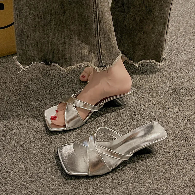 Women's Curved Block Heel Mule Sandals Crisscross Strap Square Toe Slip-On Summer Daily Party Casual Footwear