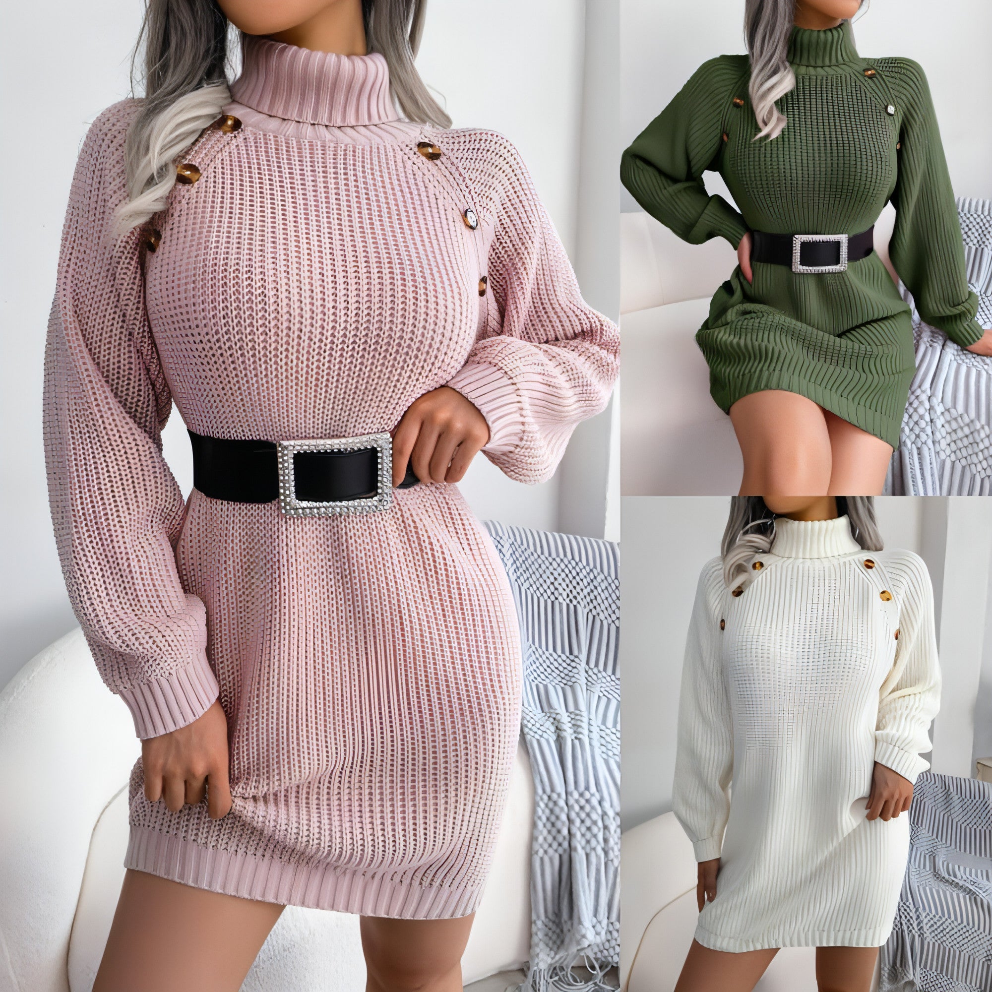 Winter Turtleneck Long Sweater Dress With Button Design Leisure Clinch