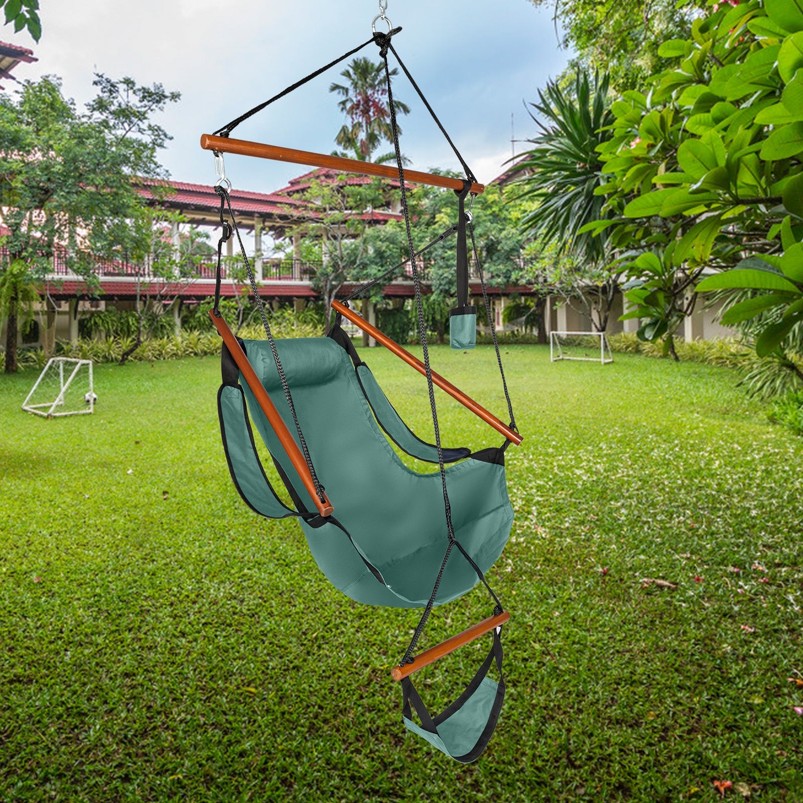 LuxeSwing™ – Oxford Hanging Chair with Wooden Bar & Cup Holder, Green