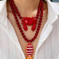 Red Beaded Crab And Fish Pendant Necklace Bold Ocean Style Statement Jewelry For Women