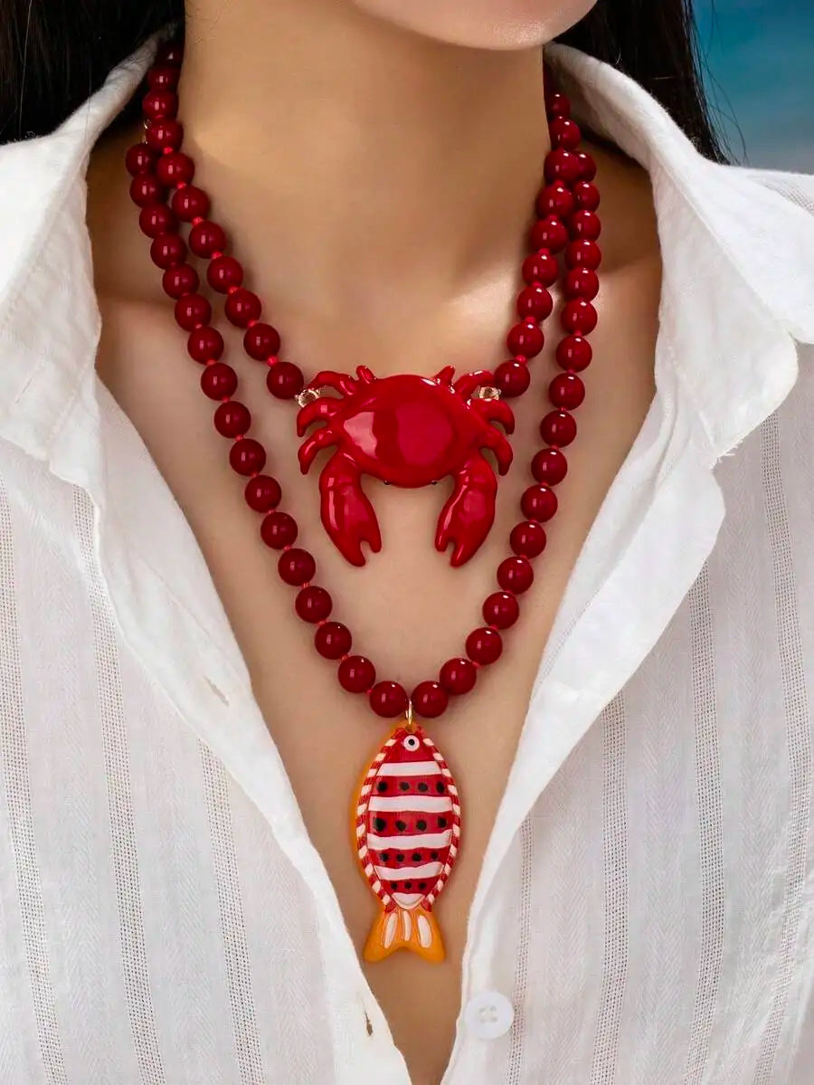 Red Beaded Crab And Fish Pendant Necklace Bold Ocean Style Statement Jewelry For Women