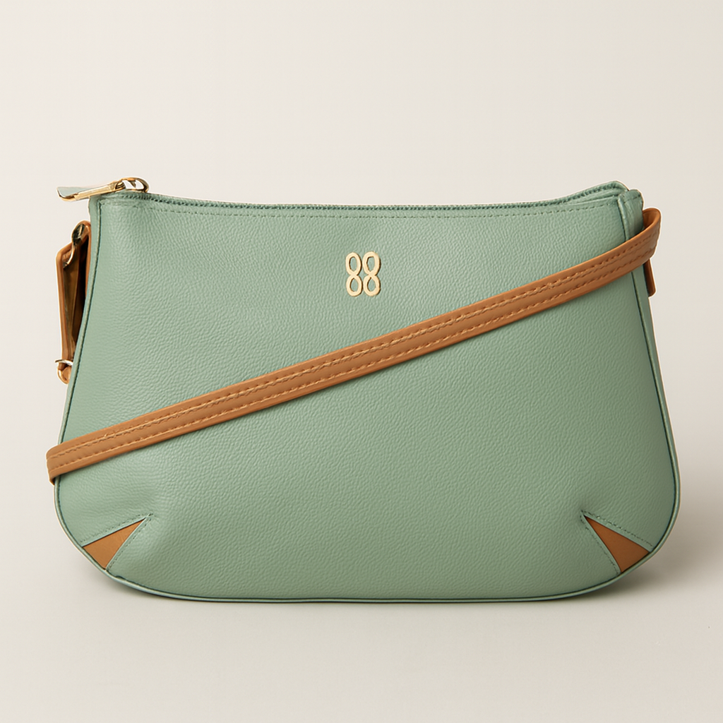 Light Green Leather Handbag with Tan Strap