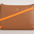 Stylish Brown Leather Handbag with Orange Accents
