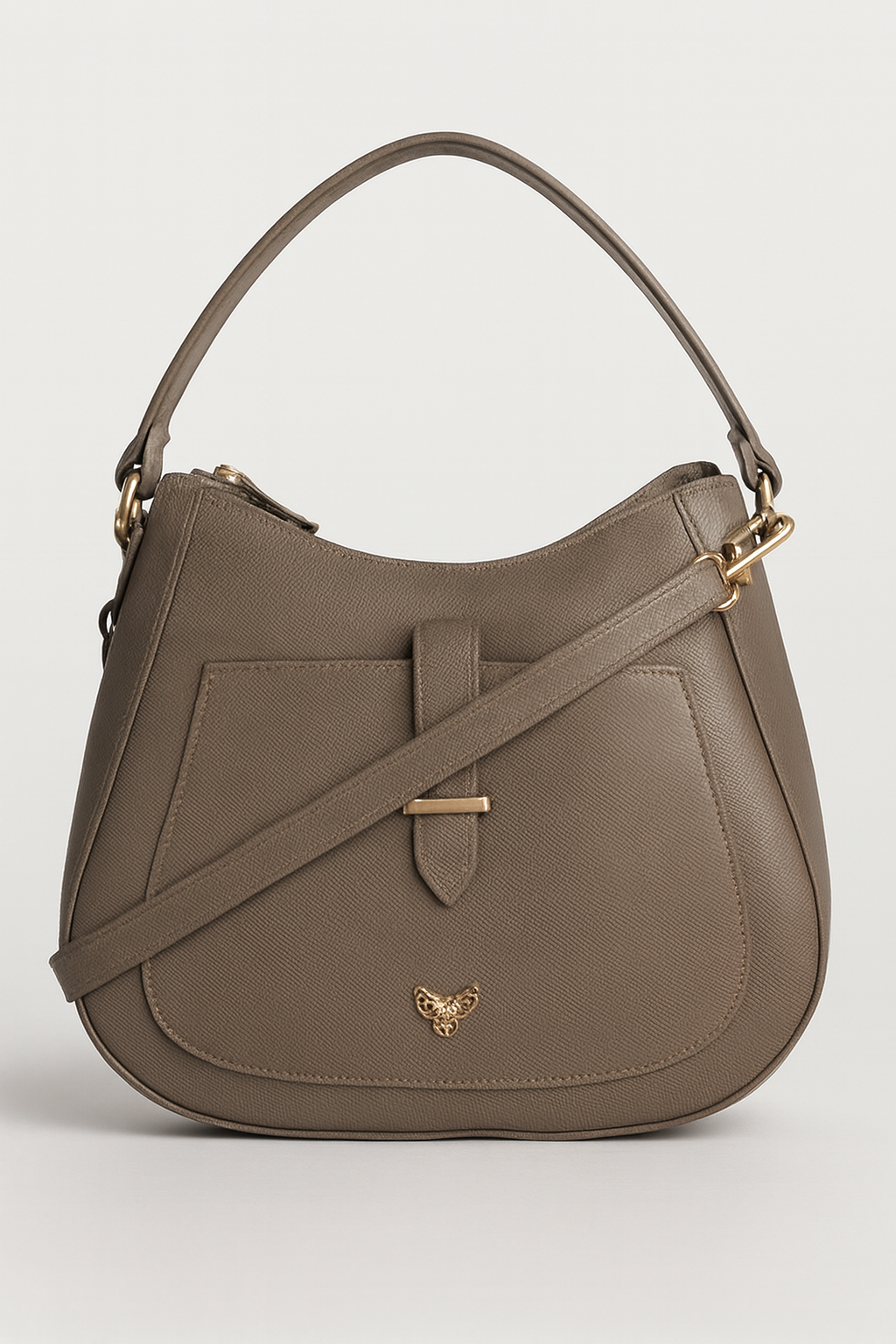 Structured Taupe Leather Handbag with Gold Hardware