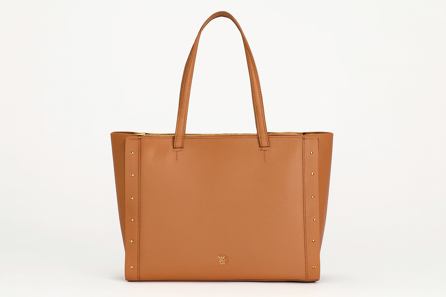 Women's Tan Leather Tote Bag with Gold Studs