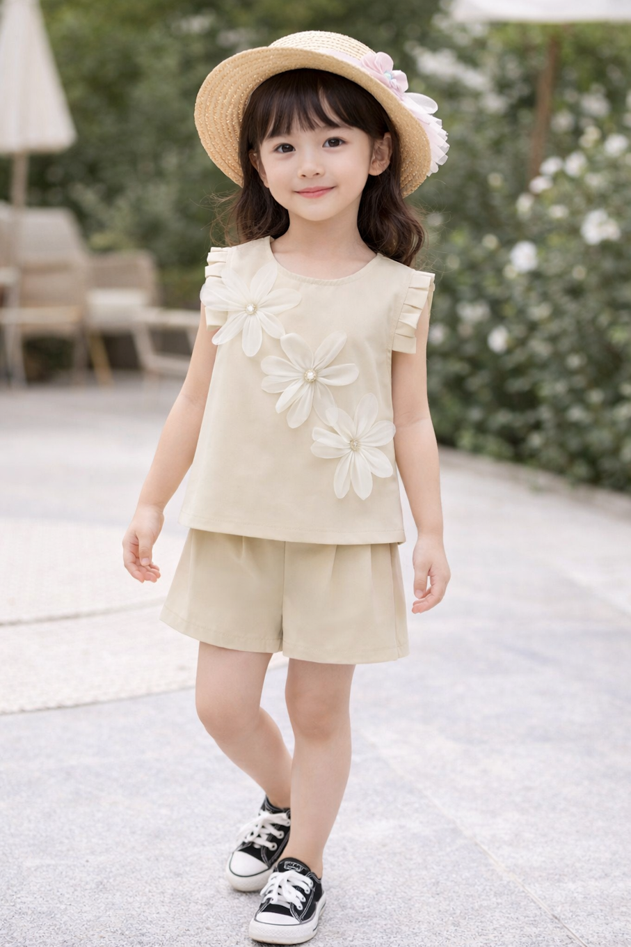 Girls Floral Applique Top & Shorts Set