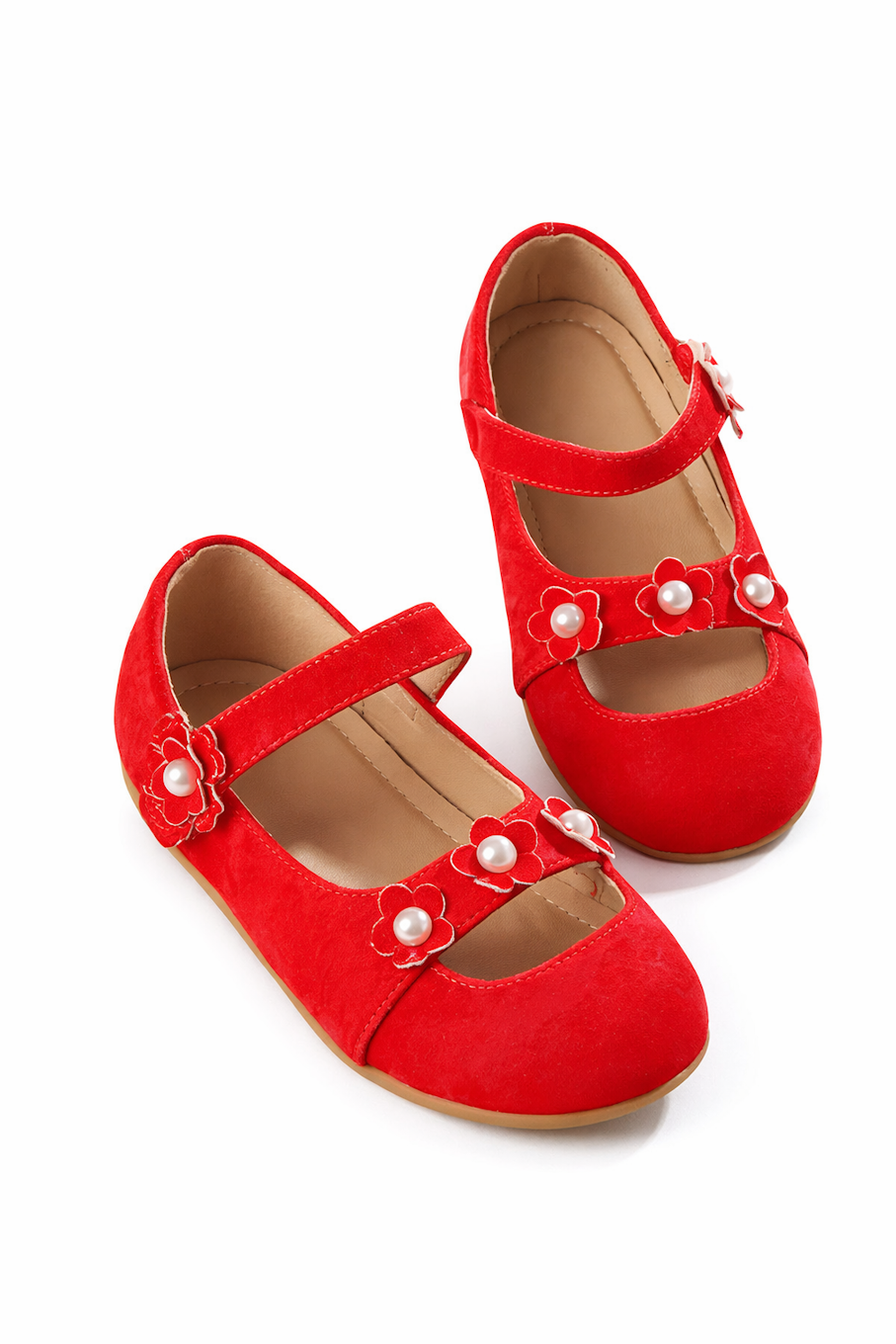 Red Velvet Flower Pearl Kids Flats