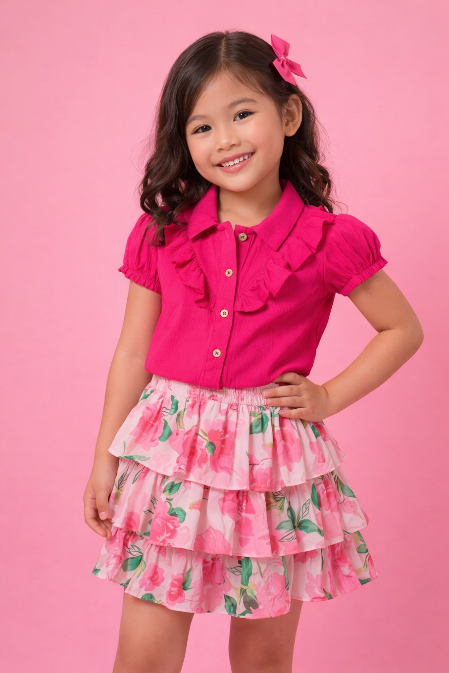 Girls Pink Floral Skirt Set