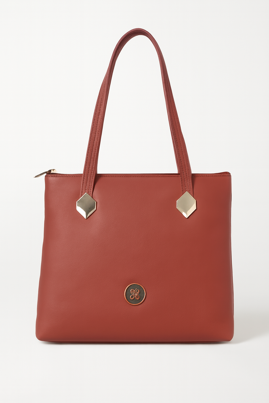 Structured Reddish-Brown Leather Handbag with Gold Hardware