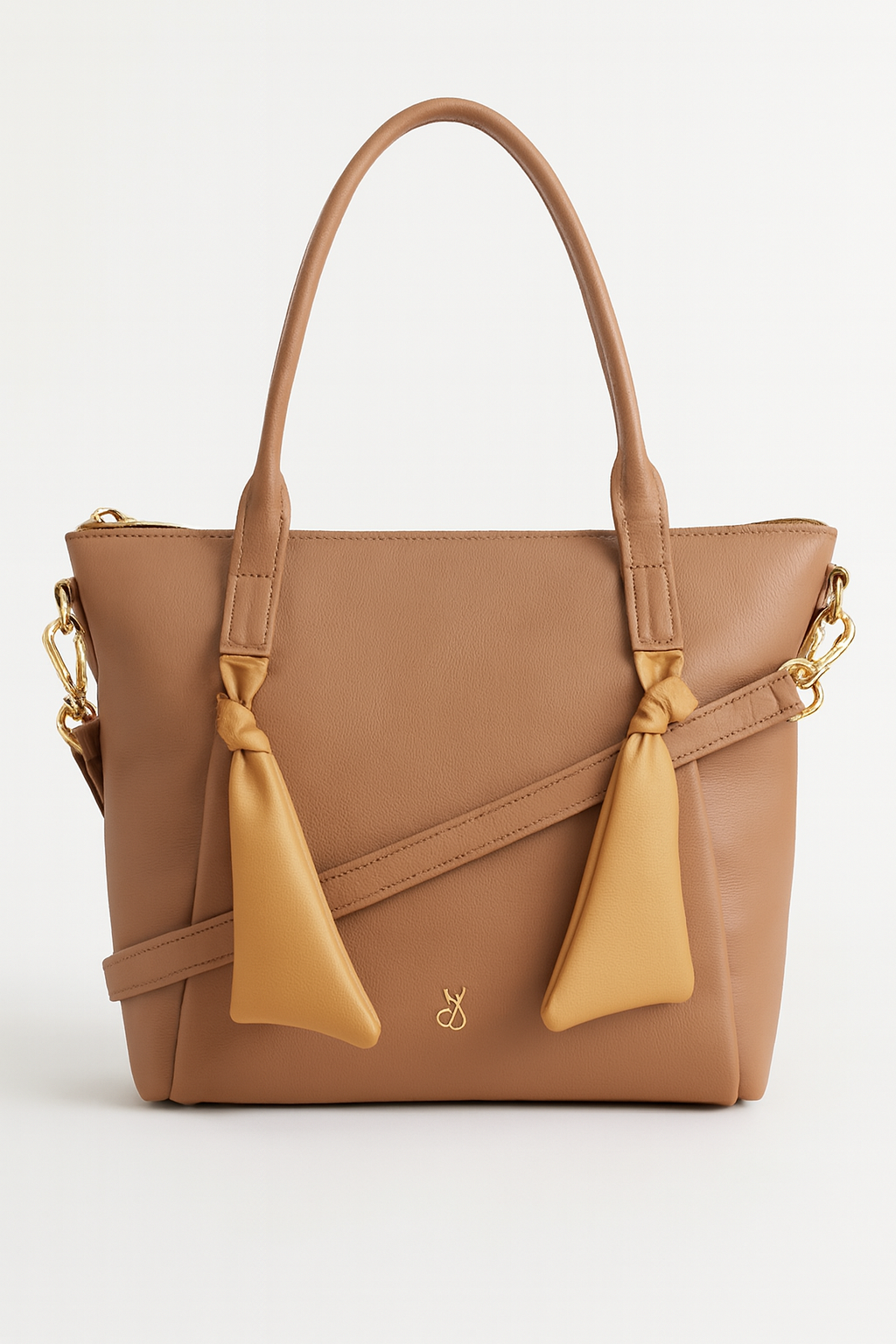 Tan Handbag with Gold Hardware and Knotted Handles