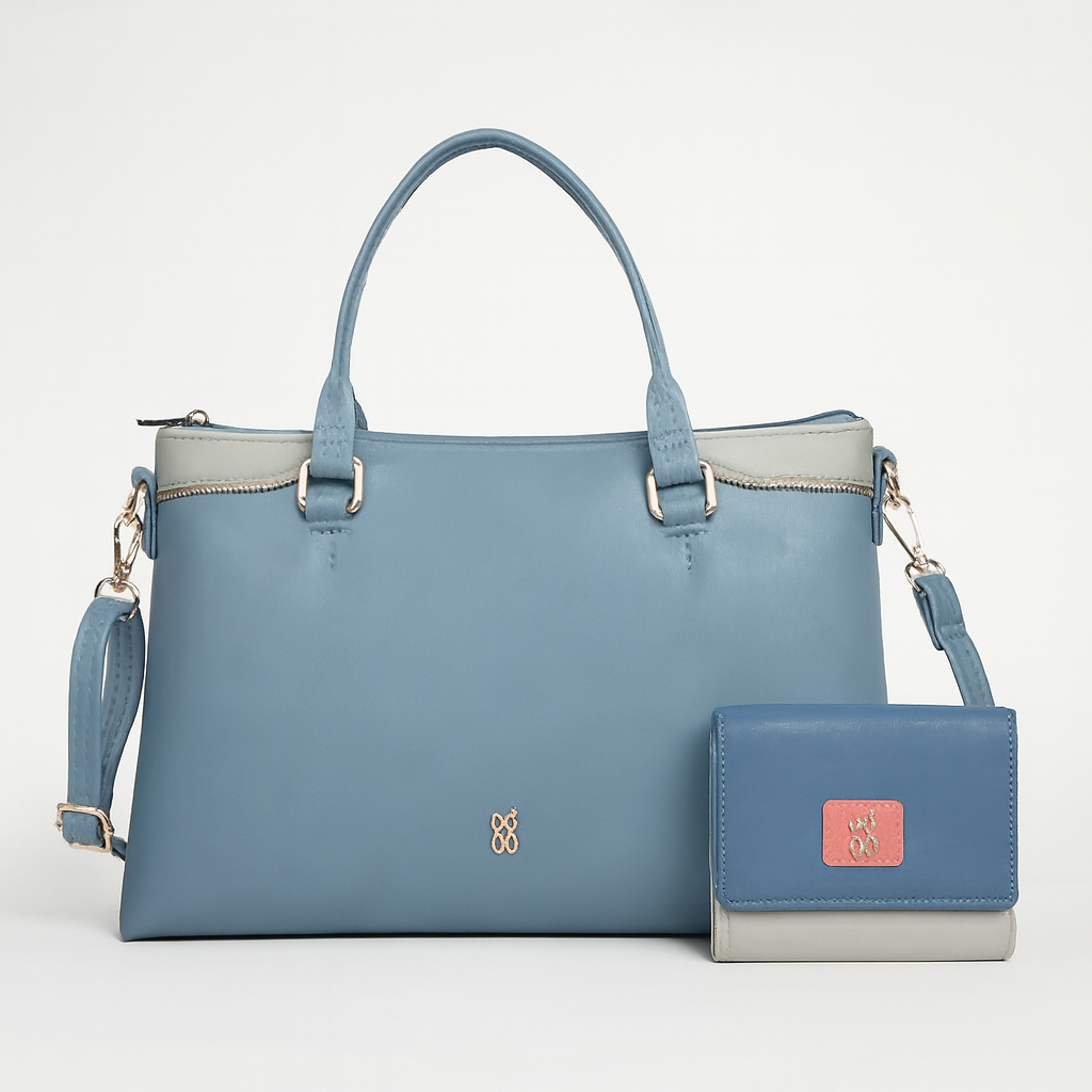 Stylish Blue Handbag & Wallet Set for Women – Dual Tone with Gold